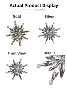 Detailed macro of crystal snowflake brooch pins in silver and gold plating