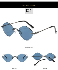 Macro view of rimless diamond-shaped blue lenses with engraved dark grey metal temples