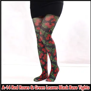Detail of red rose and green leaf floral pattern on sheer black pantyhose leggings
