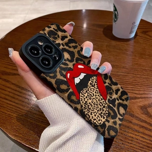 Leopard print iPhone case with red lips design and Pro Camera lens protection cover