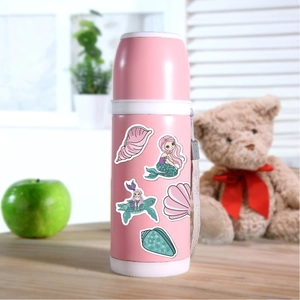 Pink kids water bottle decorated with cute waterproof mermaid cartoon stickers and strap