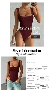 Detail showing Burgundy sleeveless square neck bodysuit with material composition specifications