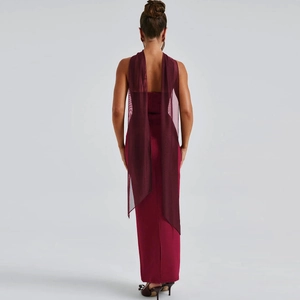 Elegant strapless burgundy maxi dress with mesh cape detail on the back view