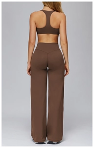 Back view of a brown two-piece yoga set featuring a racerback top and flared sports pants