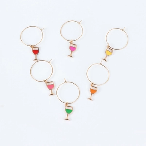 Five pairs of gold wine glass ring charms in assorted enamel colors for party decor