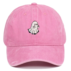 Vintage washed pink baseball cap with rebellious ghost embroidery and a curved brim