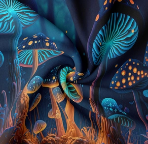 Detail of soft fabric mushroom tapestry with glowing fluorescent psychedelic pattern prints