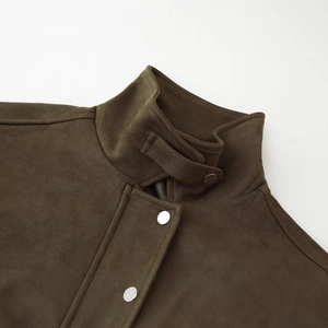 Deep olive faux suede bomber jacket featuring lapel collar and metallic snap details