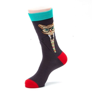 Detail view of cotton socks featuring a cat in suit pattern with red heel and toe accents