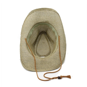 Handwoven western straw cowboy hat with breathable texture and adjustable wind rope