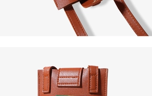 Detailed macro view of caramel brown leather stitching and flap texture on phone bag