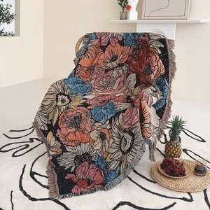 Bohemian Floral Cotton Woven Sofa Throw Blanket Multipurpose Tassel Fringe Decorative Tapestry For Camping Picnic Travel