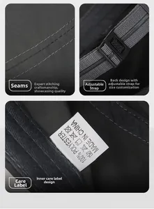 Detail of polyester fabric stitching, adjustable back strap and care label of cap