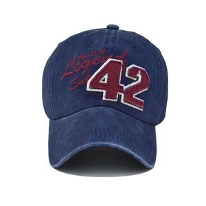 Detailed embroidery on vintage navy washed cotton baseball cap featuring number 42