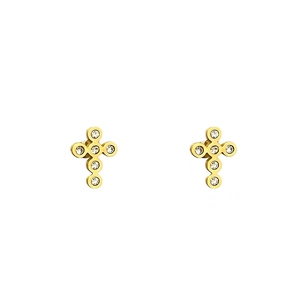 Elegant gold stainless steel cross stud earrings with sparkling crystal accents