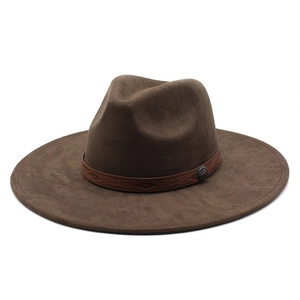Vintage Wide Brim Fedora Hat Suede Fabric With Embossed Leather Band Metal Buckle Retro Western Style For Men Women