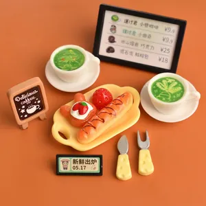 Miniature Christmas coffee and bakery food play set with resin latte cups and bread platter