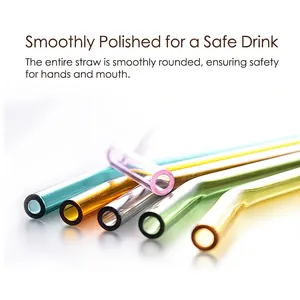 Set of six colorful heat-resistant glass straws with smooth rounded tips for safe drinking