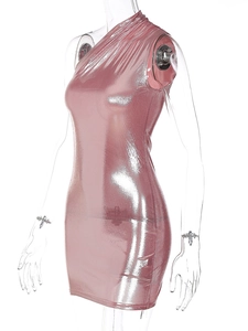 Detailed side view of pink metallic one-shoulder slim fit mini dress on mannequin