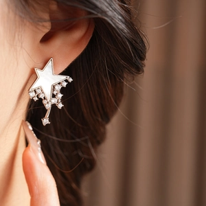 Close-up of mother-of-pearl star earrings with zircon tassel details on model