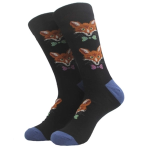 Black crew socks with orange fox patterns and blue heel and toe contrast accents