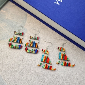 Acrylic Cat Dog Dangle Earrings Colorful Bookshelf Pattern Creative Literary Reading Gift For Teachers Women