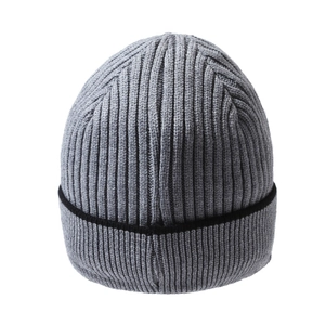 Men's winter rib-knit beanie in grey with black stripe, thick fleece lining for warmth
