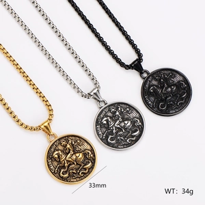 Saint George relief pendant necklace in gold, silver, and black stainless steel