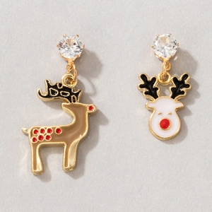 Asymmetric Christmas reindeer earrings with gold enamel, brown elk design and zircon stones