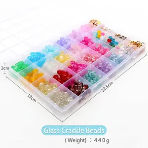 24-grid DIY jewelry kit with colorful crackle glass beads and tools in a clear storage box