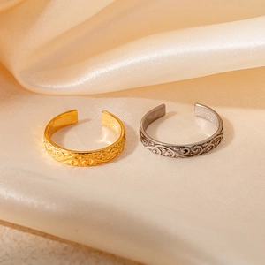 French Vintage Stainless Steel Adjustable Open Ring For Women Minimalist Engraved Pattern Gold Silver Plated Jewelry