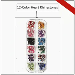 Detailed view of 12-color heart-shaped resin rhinestones in a transparent organizer box