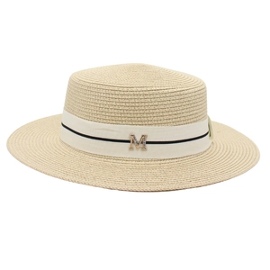 Women Boater Hat Woven Straw Sun Protection Summer Holiday Elegant Ribbon Metal Letter M Decor