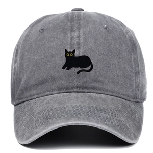 Vintage grey washed cotton baseball cap featuring a black cat embroidery for men and women