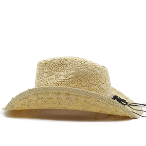 Western straw cowboy hat with roll-up brim and black rope trim on natural texture