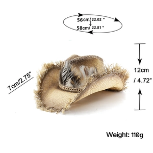 Detailed dimensions of Western raffia cowboy hat with frayed brim and feather decor