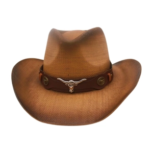 Brown gradient straw western cowboy hat with leather band and metal bull head ornament