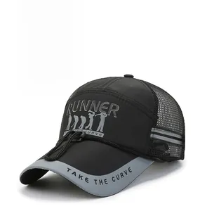 Detail of breathable mesh panel and adjustable windproof cord on the outdoor runner cap