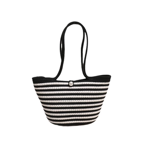 Striped woven cotton shoulder bag with pearl button closure for beach vacations