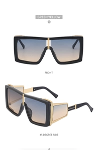 Detail of steampunk square sunglasses with gradient lenses and hollow metal temples
