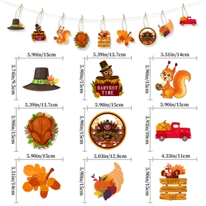 Detailed dimensions of 9 Thanksgiving paper hanging ornaments including turkey and pumpkin