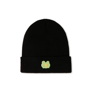 Close-up of black knitted beanie featuring a cute frog patch with a yellow star