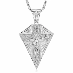 Silver iced out Jesus cross pendant with cubic zirconia on a Cuban link chain