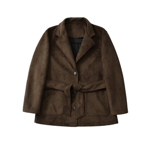 Elegant dark brown faux suede blazer jacket with matching waist belt for women