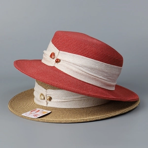 Women Straw Boater Hat Flat Top Wide Brim Paper Fiber With Ribbon Ceramic Beads Summer Beach Sun Protection Elegant