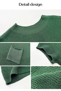 Detail view of green short sleeve knit top showing crew neck and small chest pocket