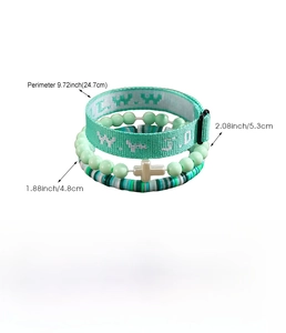 Set of WWJD woven and beaded bracelets in mint green with 24.7cm circumference detail