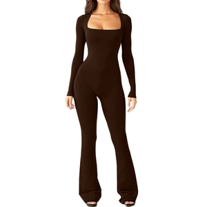 Women's square neck long sleeve jumpsuit with slim fit flare legs in dark brown