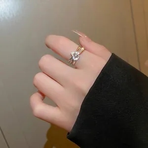 Double Layer Open Ring For Women Copper Zircon Inlaid Letter Geometric Adjustable Stylish Index Finger Jewelry Gift