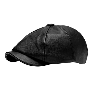 Classic black leather newsboy cap for men featuring a textured eight-panel vintage design